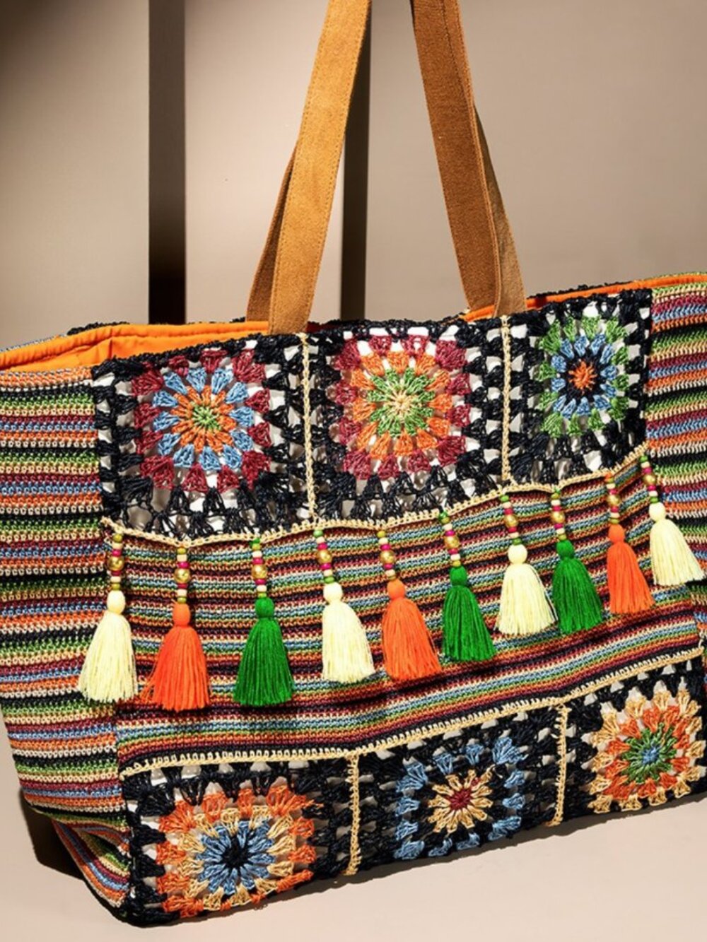 Hand Crochet Garden Shoulder Bag with Tassels - Large